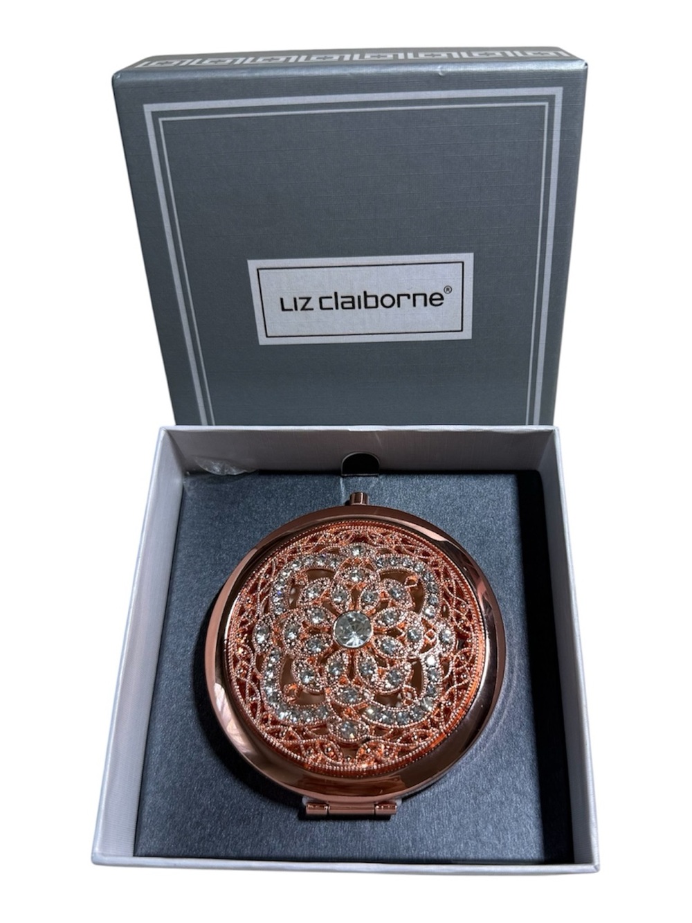 Liz Claiborne Rose Gold Crystal Embellished Compact Mirror - Picture 3 of 4